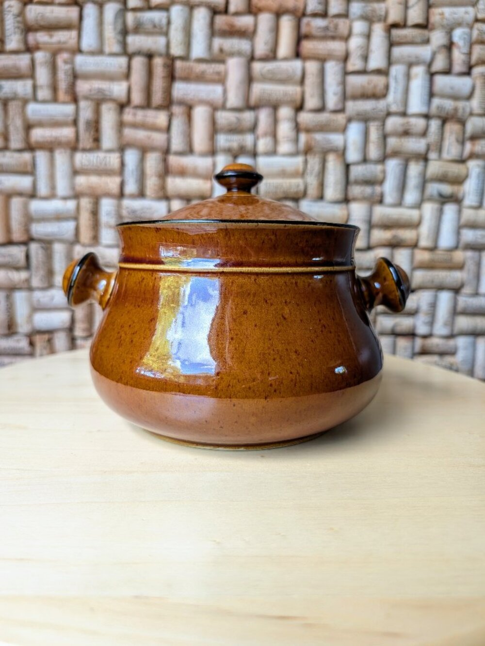 Vintage Brown Mirror‑Glaze Bean Pot | 1970s Stoneware | Oven‑to‑Table